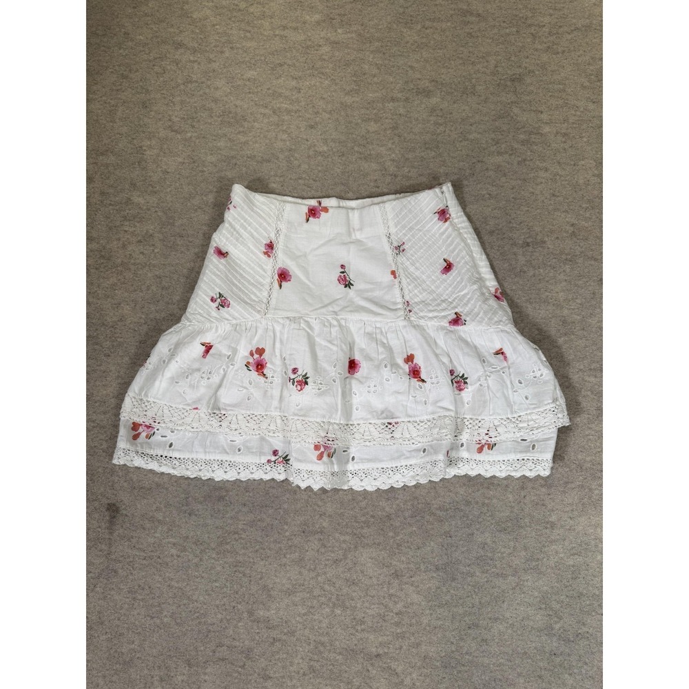Zara Skirt Womens Small White Floral Eyelet Lace Peasant Boho Cotton Short Mini